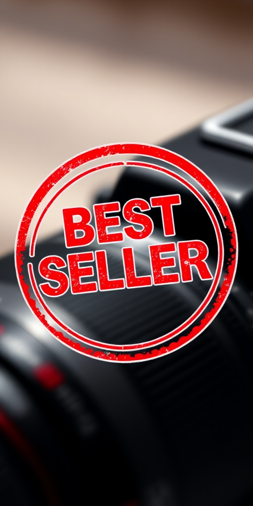 Create a high-resolution image of a circular stamp design with the text "BEST SELLER" prominently displayed in bold red, using a DSLR camera with a 50mm lens, f/1.8 aperture, ISO 100, and a shallow depth of field to enhance focus on the stamp.