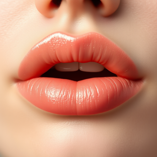 Soft peach lips with a frosted finish, reminiscent of delicate flower petals, exuding innocence and femininity