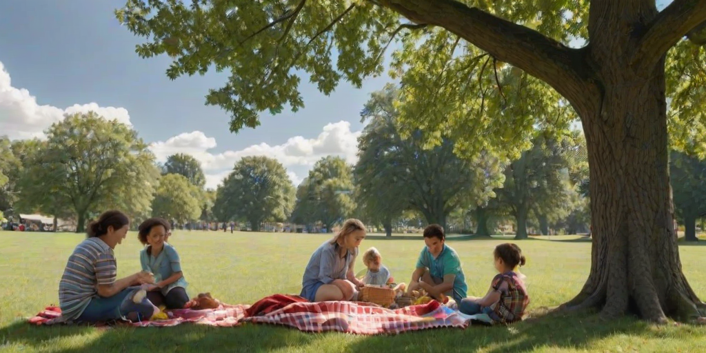 Low-resolution snapshot of a family picnic in the park, large oak tree providing shade, a red-checkered blanket spread out with sandwiches and fruit, children running in the background, a frisbee mid-air, a dog chasing after it, blue sky with fluffy clouds above.