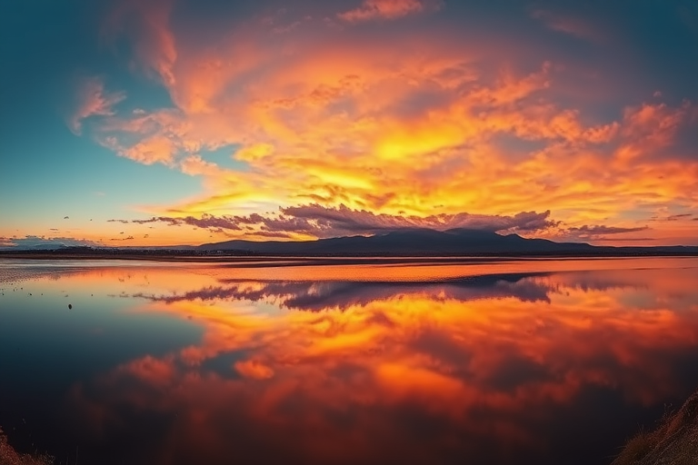 Generate an image of a serene landscape at sunset with vibrant colors, using a Canon EOS R5 camera with a 24-70mm lens, aperture f/8, ISO 100, 1/125s shutter speed, shot from a panoramic view to capture the expansive sky and reflection in a calm lake.