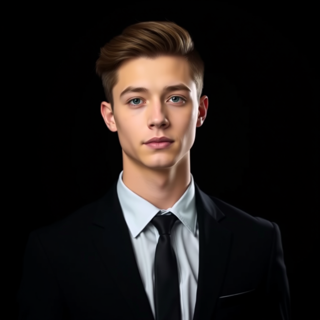 A young man in a formal black suit and tie, standing against a dark background, strong lighting emphasizing facial features, shot with a 85mm lens at f/1.8, ISO 100, 1/200 sec, studio lighting, portrait style, DSLR camera.