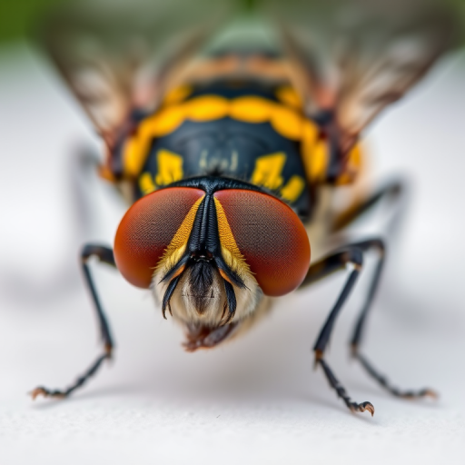 macro shot of a close-up of a striped fly with vibrant yellow and black markings on a white background, 100mm f/2.8 macro lens, ISO 100, 1/200 sec shutter speed, soft natural lighting, DSLR camera