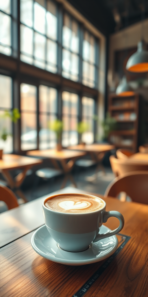 A cozy coffee shop scene featuring a beautifully crafted cup of cappuccino on a wooden table, rich with natural light streaming through large windows, with an emphasis on depth of field and bokeh effects, captured with a Canon EOS R5 at f/2.8, ISO 100, 50mm lens, in soft morning light.