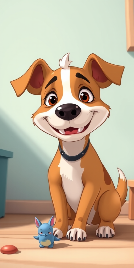 Generate a cartoon-style image of a dog with a large head and a mischievous grin, peeing, using a 50mm lens, f/2.8 aperture, ISO 100, natural lighting, and a wide-angle view to enhance the visual quality.