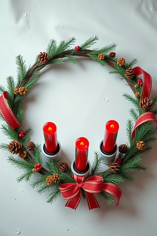 create a high-resolution image of a circular Advent wreath with four red candles, pinecones, and decorative ribbons, captured from a top-down view using a DSLR camera at f/2.8 aperture, 1/60 shutter speed, ISO 100, and natural lighting for enhanced detail and color vibrancy