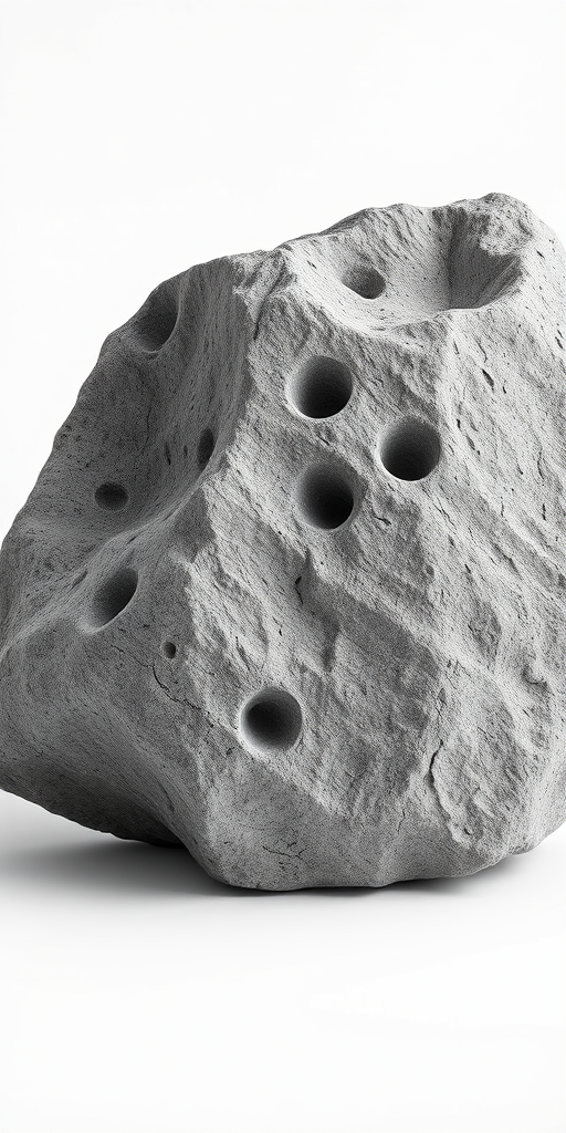 Create a detailed illustration of a gray rock with visible textures and holes, shot with a Nikon D850 at f/8, 1/125 sec, ISO 200, in a studio setting with soft natural light.