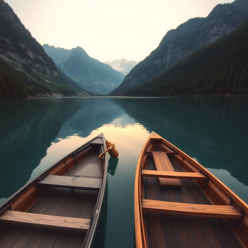 A serene lake view with two wooden boats in the foreground, surrounded by mountains and lush trees, captured at sunrise, using a Canon EOS R6, 24mm lens, aperture f/8, ISO 100, shutter speed 1/125s, wide-angle view for enhanced depth and detail.