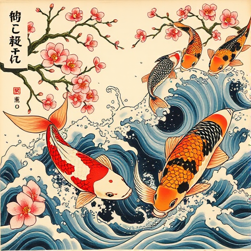 Japanese irezumi tattoo called "Koi Ascension" depicting a large-scale traditional scene of koi fish swimming upstream amidst cherry blossoms and turbulent waves with bold colors and black outlines
