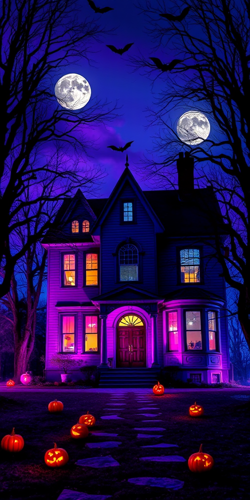 haunted house at night with vibrant purple and blue hues, full moon and bats in the sky, spooky trees framing the scene, pumpkins glowing on the path, DSLR camera, f/2.8 aperture, 24mm lens, ISO 100, long exposure for enhanced detail and saturation, HDR style for depth and vibrancy
