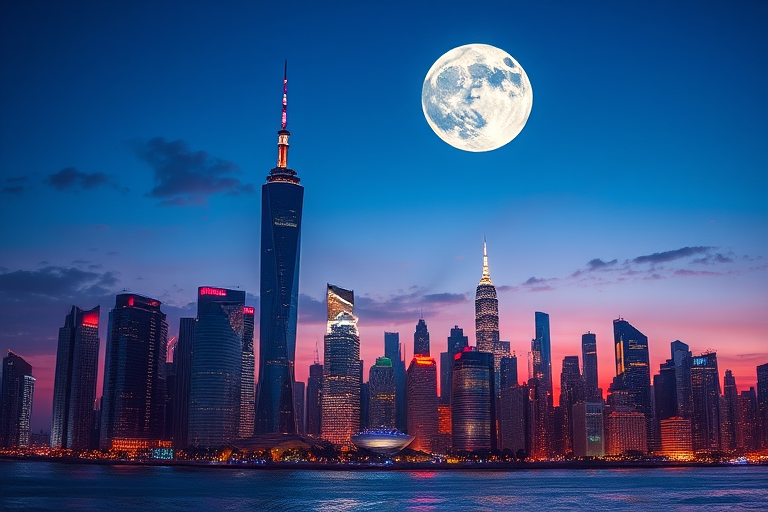 futuristic cityscape with towering skyscrapers under a twilight sky, large moon looming overhead, vibrant lighting with reflections on water, shot with a DSLR camera at f/8 aperture, ISO 100, 24mm focal length, wide-angle view, high dynamic range style