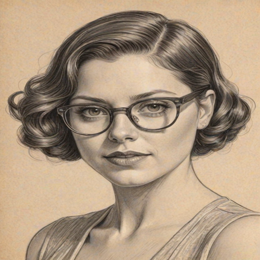 Sublime Rachel Bloom, pencil sketch, portrait of Enchanting woman 1930s in glasses, hair style beatnik, outline, clear lines, fine lines, 8k