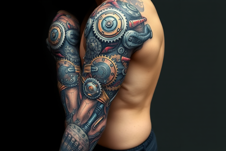 Biomechanical sleeve tattoo blending organic and mechanical elements, featuring exposed gears, pistons, and circuitry seamlessly integrated with muscle tissue and tendons for a futuristic cyborg appearance