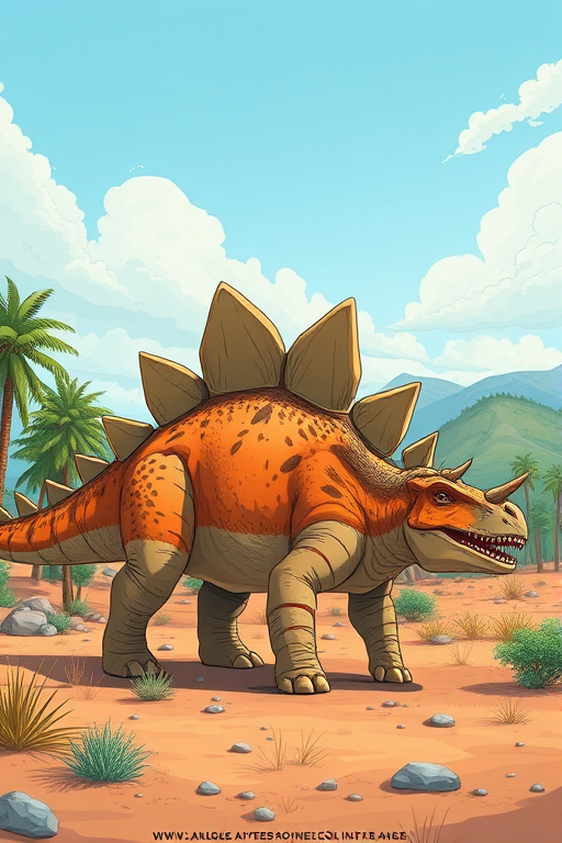 Create a detailed illustration of a Stegosaurus in a prehistoric landscape, using a DSLR camera with a 50mm lens, f/8 aperture, ISO 200, low angle view, natural lighting, and a vibrant color palette to enhance the image quality.