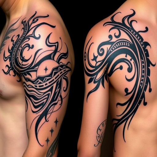 Tribal fusion tattoo called "Ancient Echoes" combining elements from various cultural styles with organic flowing lines and bold black patterns for a modern take on traditional designs