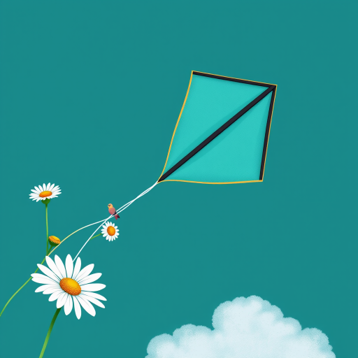 Create a vibrant illustration of a kite with a dark teal background, featuring white daisies, using a DSLR camera with a 50mm lens, aperture f/2.8, ISO 100, and shoot from a slightly elevated angle to enhance clarity and detail.