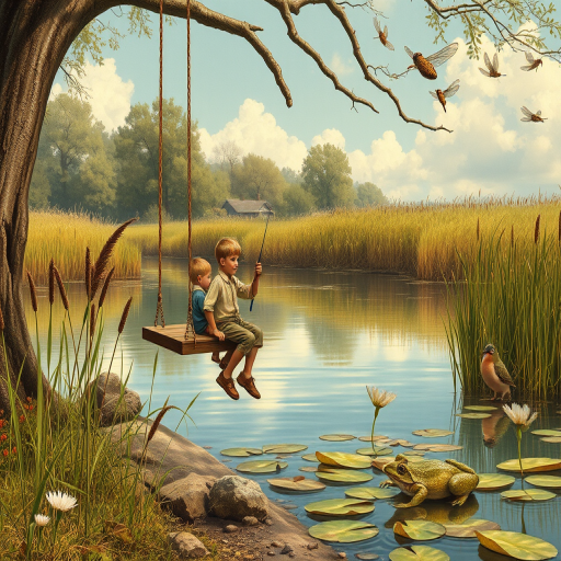 Imagine a small group of old fashioned young boys out fishing by the creek, a swing hanging from a tree branch, reeds and grasses by the water's edge, a frog sitting on a lily pad, dragonflies hovering over som water plans, a very iconic old fashioned scene reminiscent of a Norman Rockwell painting style