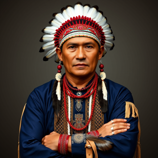 Create a dignified portrait of a Native American man dressed in traditional attire. He wears a beautifully crafted headdress adorned with white feathers and red beads, along with a beaded headband featuring intricate patterns. His clothing includes a deep blue, patterned shirt and a traditional chest piece with detailed beadwork. His arms are crossed, displaying leather armbands decorated with feathers. The background is simple and neutral, emphasizing his proud and stoic expression. The overall image captures the rich cultural heritage and strength of his persona.