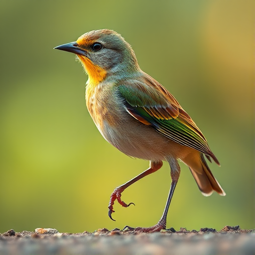 Generate a high-resolution illustration of a bird standing on one leg, featuring a mix of green, yellow, and brown colors with a detailed feather texture, in a shallow depth of field style with soft lighting, shot using a DSLR camera at f/2.8, 50mm lens, ISO 100, and a slight tilt for artistic perspective.