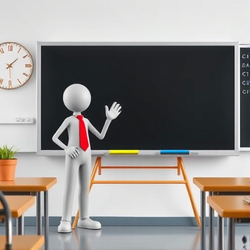 generate an image of a 3D stick figure with a tie standing next to a blackboard, using a Canon EOS R5 with a 50mm lens, aperture f/2.8, ISO 100, 1/200s shutter speed, shot in a well-lit classroom setting, focusing on vibrant colors and sharp details.
