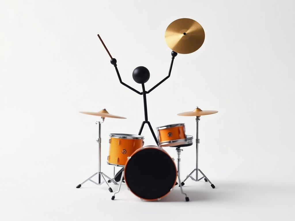 Create an image of a stick figure drummer with arms raised holding cymbals, capturing dynamic motion, use a DSLR camera with a 50mm lens, aperture f/1.8, and ISO 200, with a shallow depth of field and vibrant colors, against a white background.