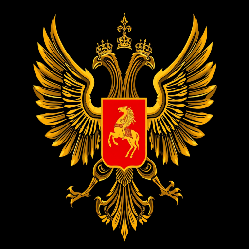 Create a highly detailed vector illustration of the Russian coat of arms featuring a double-headed eagle with intricate feathers, a shield depicting a knight on horseback, surrounded by royal crowns, in a high-resolution setting, using a Canon EOS R5 camera with a 50mm f/1.2 lens, at f/8, ISO 100, and a 1/200s shutter speed, captured in a centered view with a clean black background to enhance the gold and red colors.