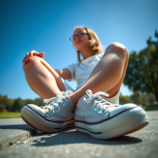 Generate an ultra-realistic, highly detailed, high-definition photograph. It's a photo of a girl sitting on the floor. She's looking at the horizon. The photo is taken from the bottom up, at ground level. The girl's sneakers are in the foreground, in the center of the scene. The girl is wearing light clothes, a t-shirt and short shorts. The sky is blue. Bright environment. The background is a blurred image of a park.