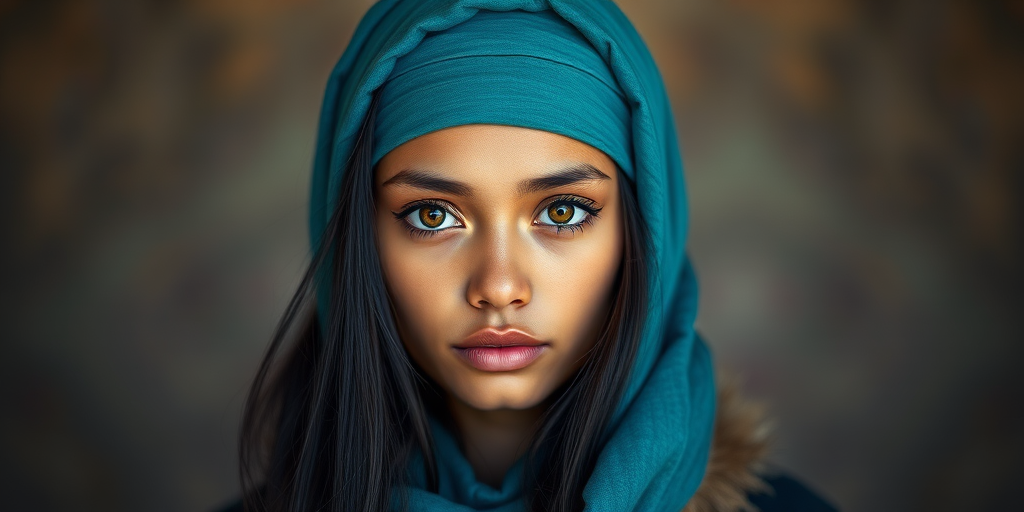 Create a portrait of a young Maori woman with long, dark hair and captivating hazel eyes. She is wearing a cyan headscarf and a matching scarf draped gracefully around her neck. The background is softly blurred, focusing attention on her serene and natural expression. The overall color palette is muted and warm, enhancing the intimate and authentic feel of the portrait.