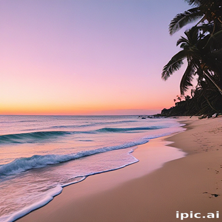 Serene Sunset at a Tropical Beach with Gentle Waves and Palm Trees