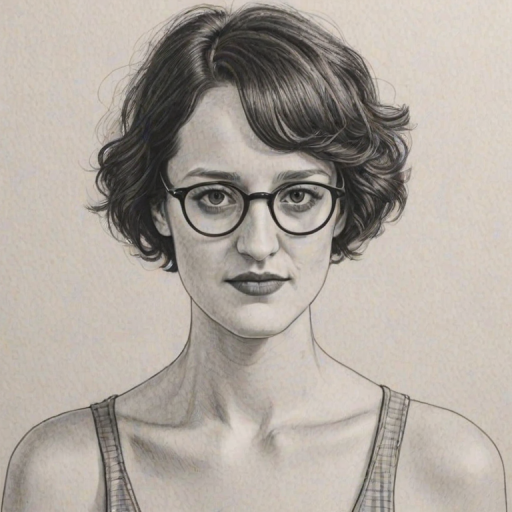 Delightful Phoebe Waller-Bridge, pencil sketch, portrait of Charming woman 1975s in glasses, hair style beatnik, outline, clear lines, fine lines, 8k