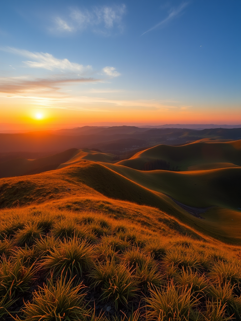 Create a high-resolution image of a serene landscape featuring rolling hills and a sunset, captured with a Canon EOS 5D Mark IV, aperture f/8, shutter speed 1/125s, ISO 100, in landscape mode with a wide-angle lens.