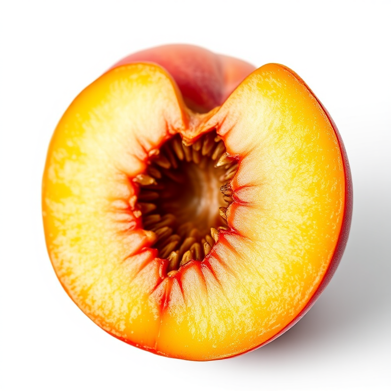 Create a high-resolution digital illustration of a sliced peach showing the pit in detail, using a macro lens with a shallow depth of field at f/2.8, 50mm focal length, soft natural lighting, and a white background for enhanced contrast.