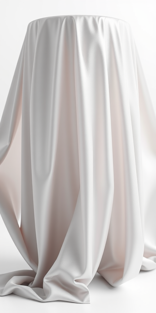Create a high-resolution 3D render of a silver sheer fabric draped elegantly in a contemporary vase setup, using a DSLR camera with a 50mm lens, aperture set to f/1.8, shutter speed of 1/125s, ISO 200, shot from a high angle with soft natural lighting to enhance texture and depth.
