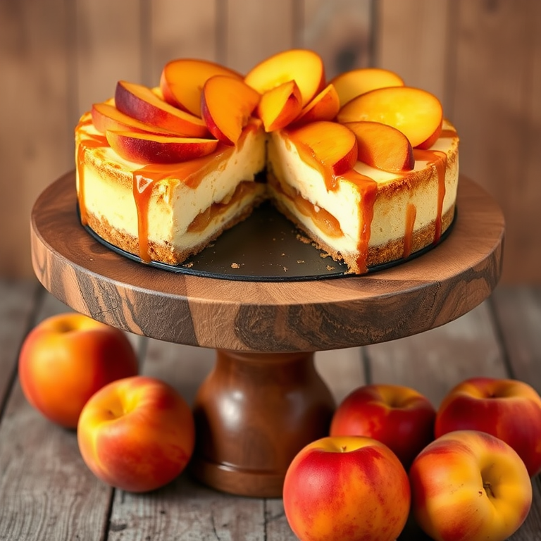 A delicious cheesecake topped with sliced peaches and a caramel drizzle displayed on a wooden cake stand with a rustic background. The cheesecake has a creamy texture, revealing layers of filling and a crumbly crust. Fresh peaches are scattered around the base of the stand, adding a vibrant touch to the scene.