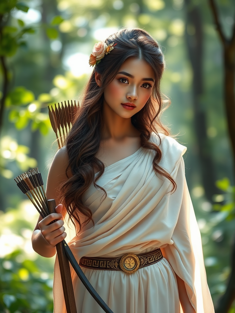 Create a portrait of a goddess-like Malay girl figure in a tranquil, forested environment. She has an elegant appearance with long, wavy hair styled in an updo and adorned with a delicate, floral headband. She wears a flowing, ancient Greek-inspired gown in a soft, pale color, featuring a one-shoulder design and draped fabric that accentuates her graceful form. The outfit includes a decorative belt with ornate gold detailing, and she holds a bow in her hand, with a quiver of arrows slung over her shoulder. The background depicts lush greenery, with sunlight filtering through the trees, casting a gentle, ethereal light on the scene. Her expression is calm and contemplative, embodying a sense of wisdom and serenity.
