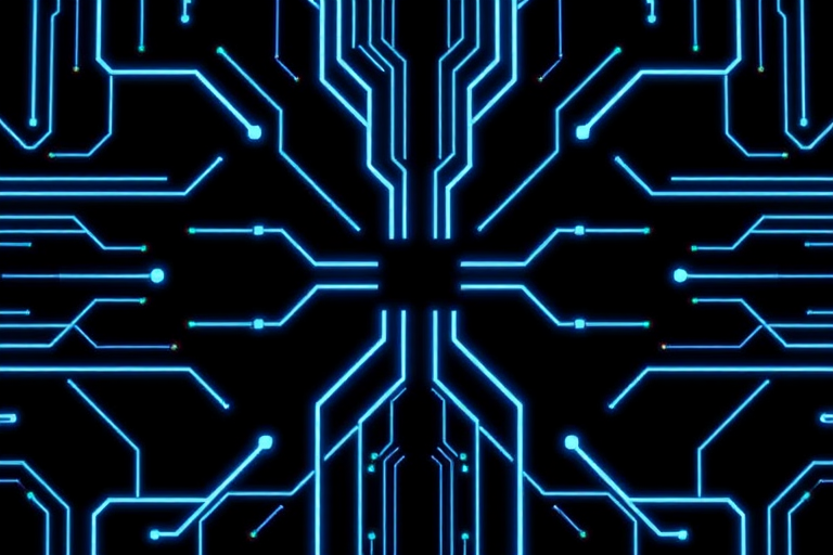 High-resolution digital circuit pattern with neon blue lines on a dark background, symmetrical design, shot with a DSLR camera at ISO 100, f/8 aperture, 24mm focal length, with a macro lens for enhanced detail and clarity.