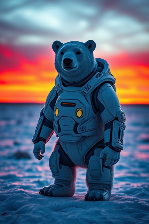futuristic polar bear in a robotic suit standing on a snowy landscape under a vibrant sunset sky, detailed fur texture, high-resolution, 35mm lens, f/2.8 aperture, ISO 100, soft focus background, DSLR camera