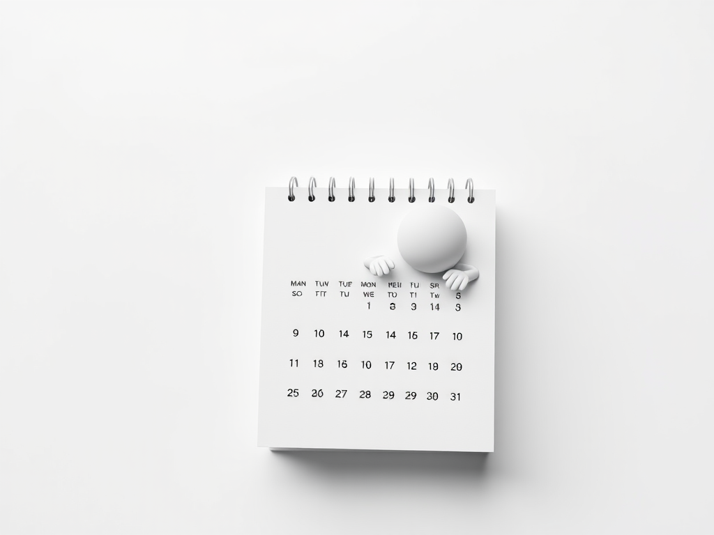 create a 3D rendered image of a minimalist character peeking from a blank calendar stand with a white background, using a Canon EOS R5 camera, 50mm lens, f/2.8 aperture, ISO 100, 1/125s shutter speed, top-down view, studio lighting for enhanced clarity