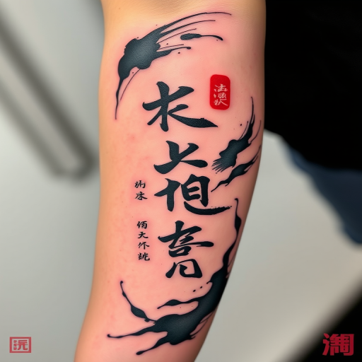 Brush stroke tattoo called "Zen Calligraphy" featuring bold expressive ink-like strokes forming abstract representations of nature and Japanese characters with a dynamic sense of movement