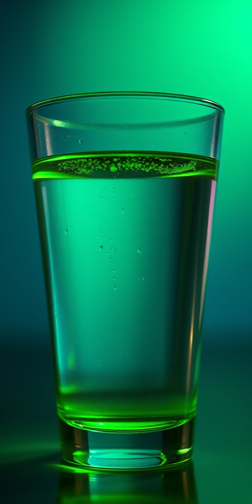 A close-up shot of a clear glass filled with water, illuminated with a green glow, captured with a DSLR camera at f/2.8, ISO 100, 1/60s, using a macro lens, with a shallow depth of field and a soft-focus background to enhance image quality.