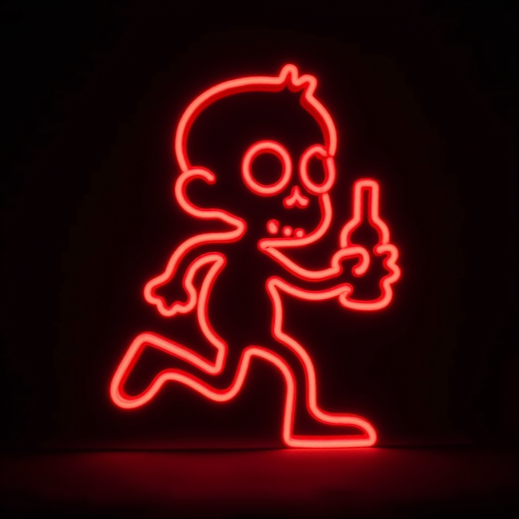 Create an image of a neon sign featuring a cartoon-style zombie in a dynamic pose, holding a bottle. The neon sign should glow in red against a dark background, making the character stand out prominently. The character should appear to be running, capturing attention with its vibrant color and action pose, perfect for advertising or decorative purposes.