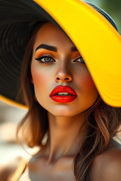 portrait of a woman with striking orange lips and dramatic eye makeup, wearing a large black hat with a yellow brim, captured with a 50mm lens at f/1.8, ISO 100, in natural light with soft focus background, using a Canon EOS R5