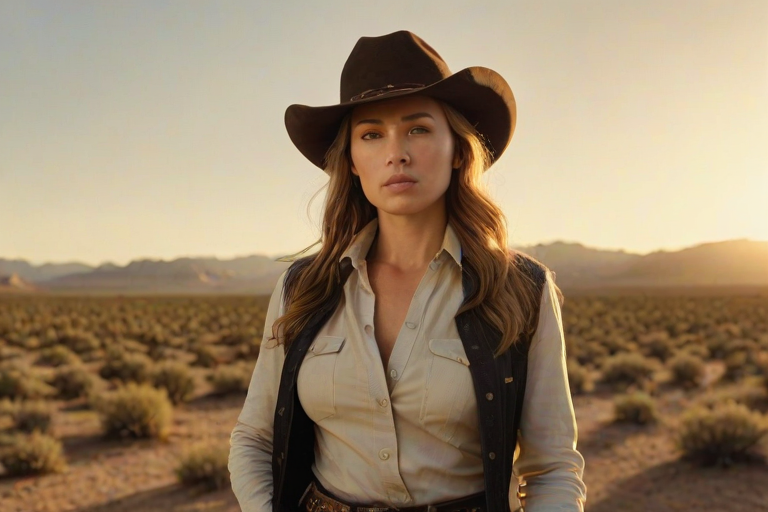 Dramatic photo of a beautiful Western American woman, classic cowboy attire, confident and free spirit expression, half-length portrait, centered, golden hour desert landscape, warm, diffused light, low angle, medium format film camera, in style of Annie Leibovitz.