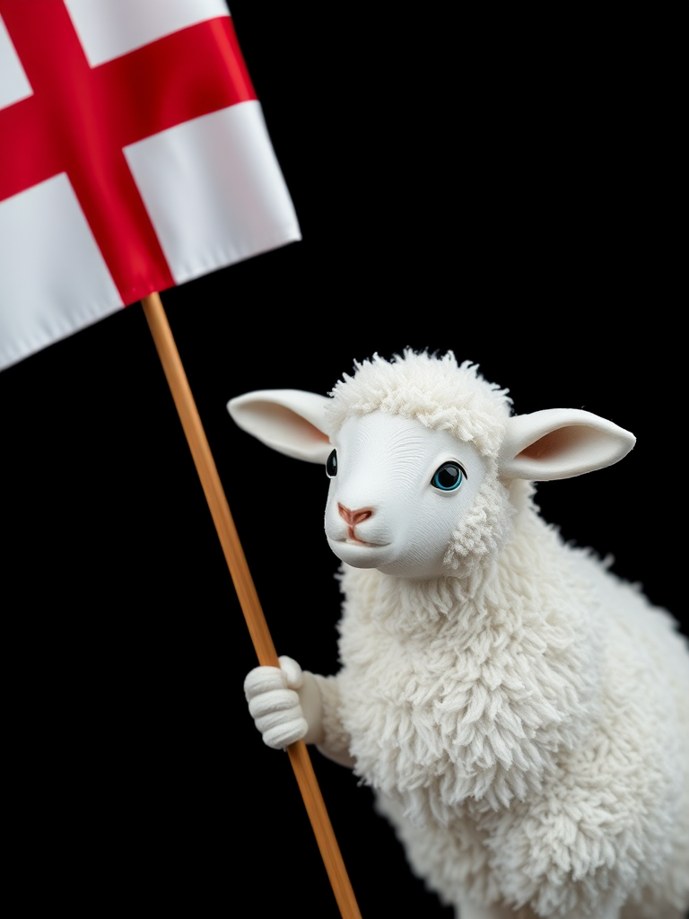 Regenerate the image of a stylized white lamb holding a flag with an English cross, set against a black background, with a soft focus lens effect, using a DSLR camera with a 50mm f/1.8 lens, ISO 100, aperture f/2.8, and a focal length of 50mm.
