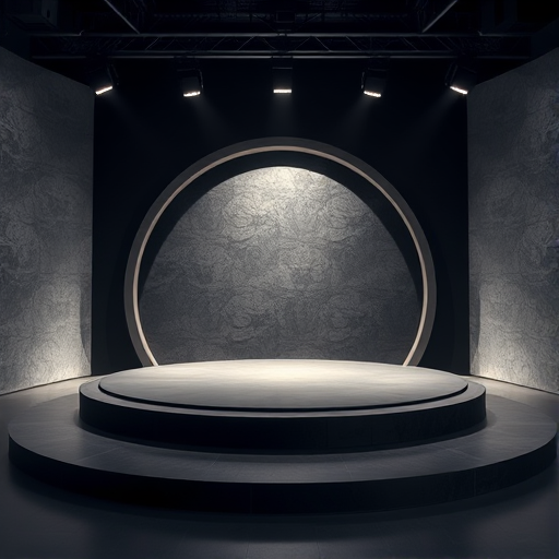 Create a high-resolution image of a modern showcase stage with a circular platform and an arch backdrop, illuminated by soft spotlighting from above, with a dark textured wall as the background, using a DSLR camera with a 50mm lens, aperture set to f/1.8, ISO 200, and a low angle view.
