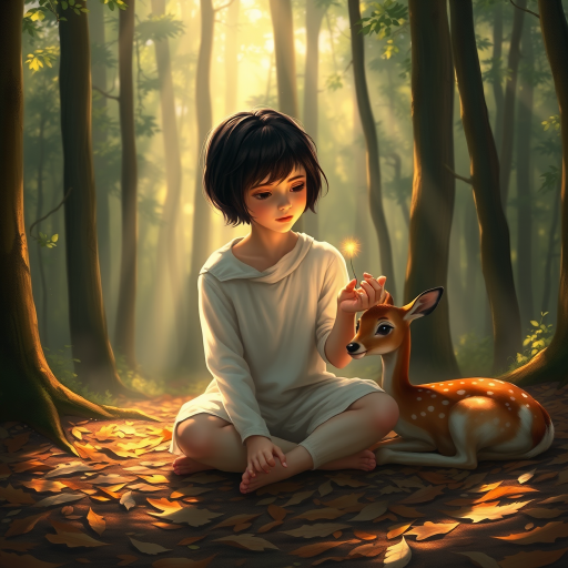 A luminous digital painting of a serene forest scene featuring a barefoot young female, about 7 years old, with black hair and fair skin, dressed in a simple white outfit. He sits cross-legged on the forest floor, gazing at a small, glowing, magical firefly in his hand. Beside him, a delicate spotted deer lies calmly on a bed of dried leaves, observing the scene. The dense forest is bathed in warm, golden light filtering through the trees, creating a peaceful, magical atmosphere with a blend of natural and mystical elements.