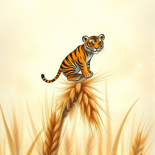 Soft, muted Alcohol Ink with ebru effect background image of tiny whimsical tiger, who climbed high on the top of a golden rye ear.
