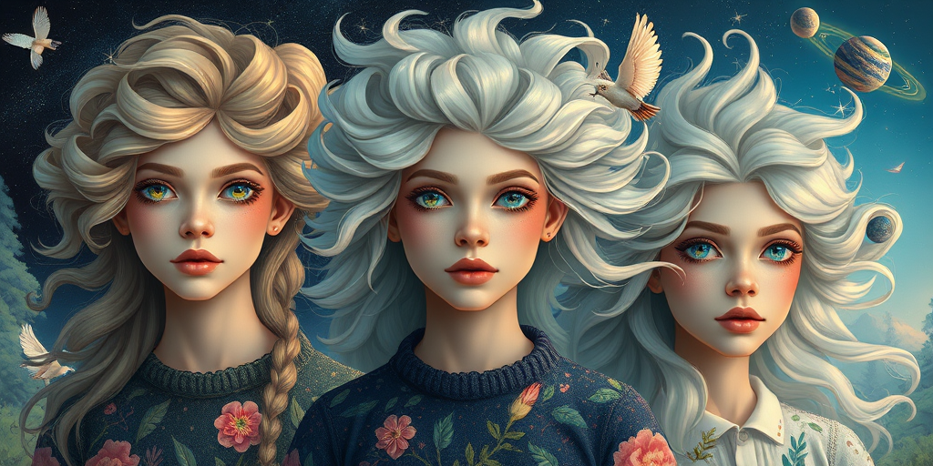 Create a series of imaginative portraits where each subject is infused with elements of fantasy and nature. The hair of the individuals should flow like clouds, varying from soft, fluffy cumulus to wispy cirrus strands, with hints of color reflecting a sunset or a clear blue sky. The eyes should be windows to entire galaxies, with stars, nebulae, and distant planets visible within them. Clothing should be adorned with nature motifs, such as floral patterns that bloom and change, vines that seem to grow and wrap around, or feathers that shimmer with iridescence. Each portrait should capture a unique personality, blending human features with the ethereal beauty of the natural and cosmic world. The backgrounds can vary, from starry night skies to enchanted forests, adding depth and context to the magical realism of the portraits