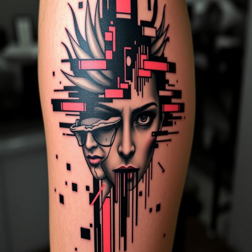 Avant-garde glitch tattoo incorporating digital distortion effects and pixelated elements, merging traditional and contemporary aesthetics, unique and cutting-edge artistic concept