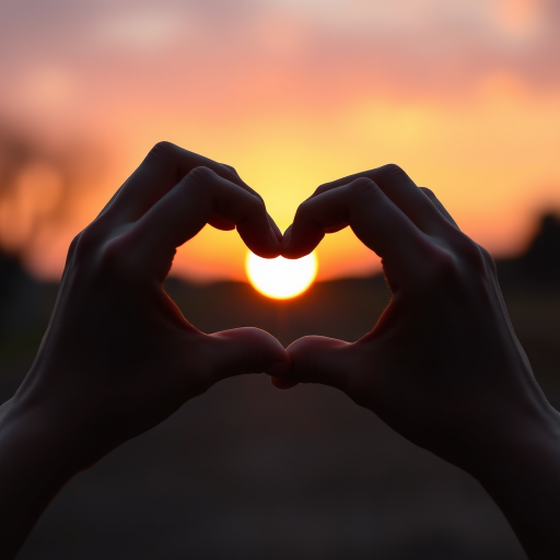 Capture a close-up of hands forming a heart shape against a sunset background, with soft bokeh, using a DSLR camera with a 50mm lens, aperture set to f/1.8, shutter speed 1/100s, ISO 200, in natural light, focusing on the vibrant colors of the sunset and the details of the hands.