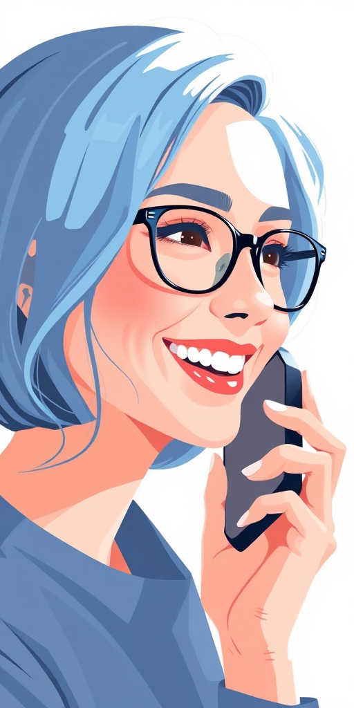 Create a digital illustration of a woman with blue hair and glasses smiling while speaking on a phone, using a soft color palette, with a focus on clean lines and simple shapes, captured with a Canon EOS R5 at f/2.8, 50mm lens, in natural light for enhanced quality.